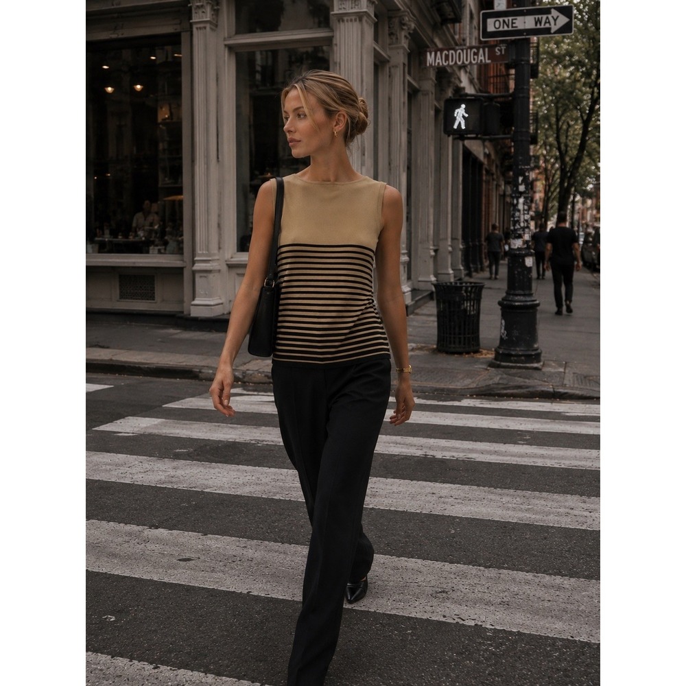 Vintage Striped Knit Tank Top Womens XL Tan Black Sleeveless Shell Old Money